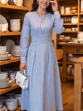 Striped Blue and White Midi Dress with Crisscross Waist XL